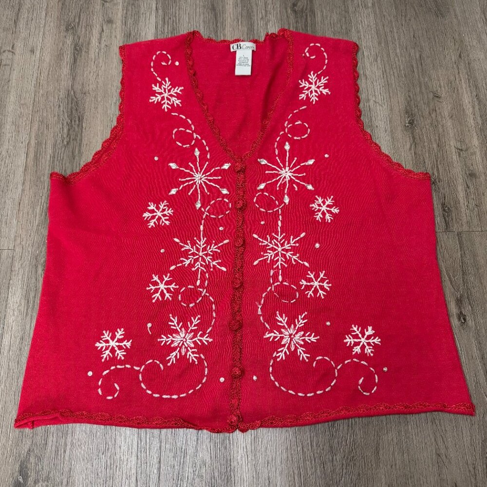 Vintage C.B. Career Women’s Knit Christmas Holiday Ruffled Snowflake Vest Red